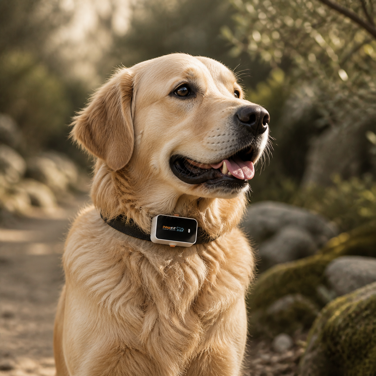 Golden retriever wearing PAWFIT 3 in a forest
