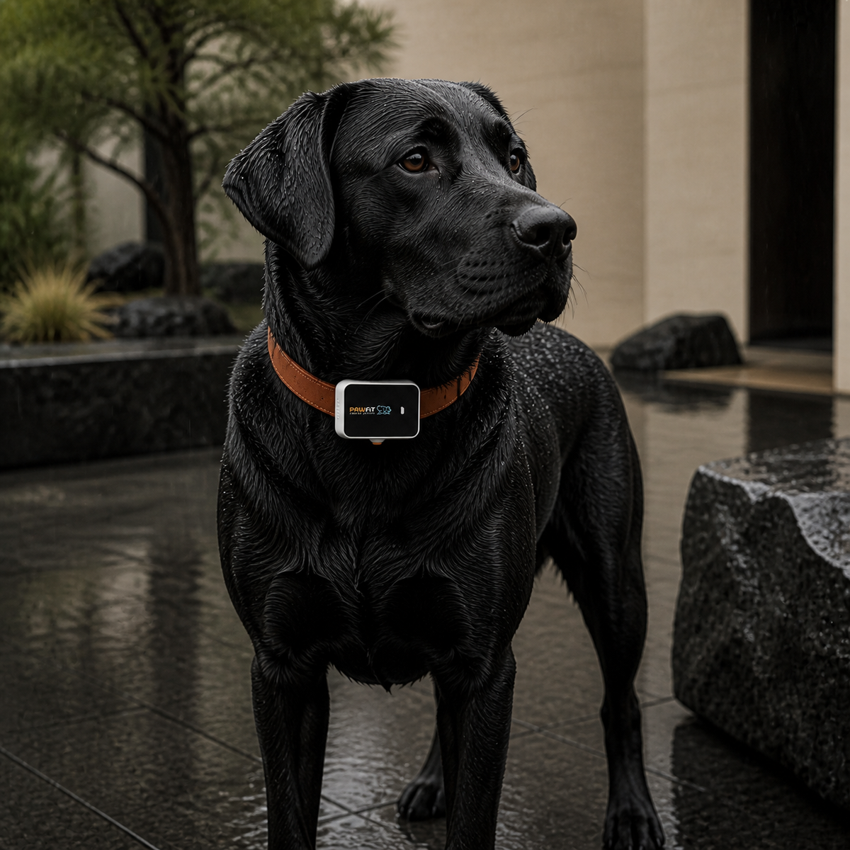 Black Labrador wearing PAWFIT 3 in the rain