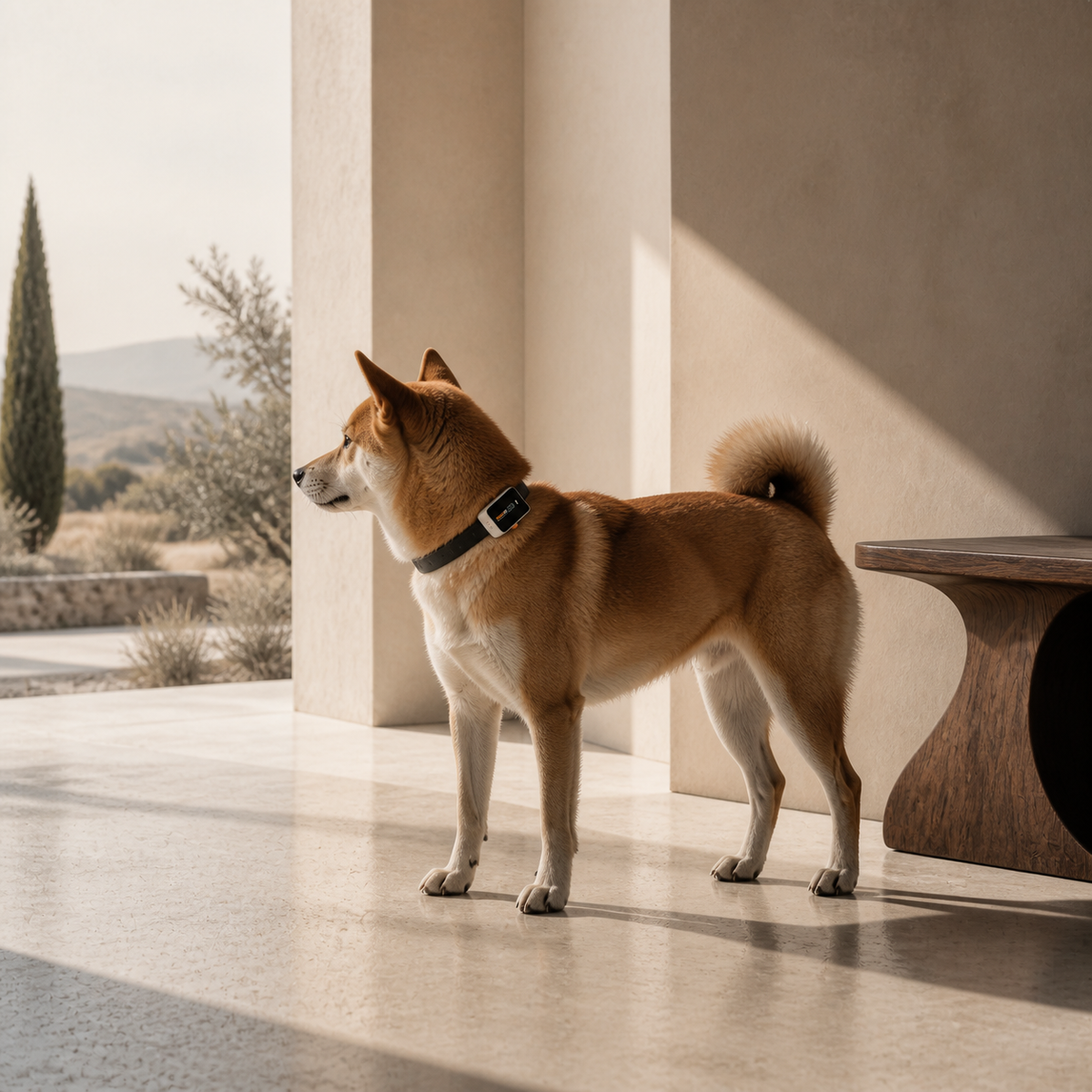 Shiba Inu wearing PAWFIT 3 in a courtyard