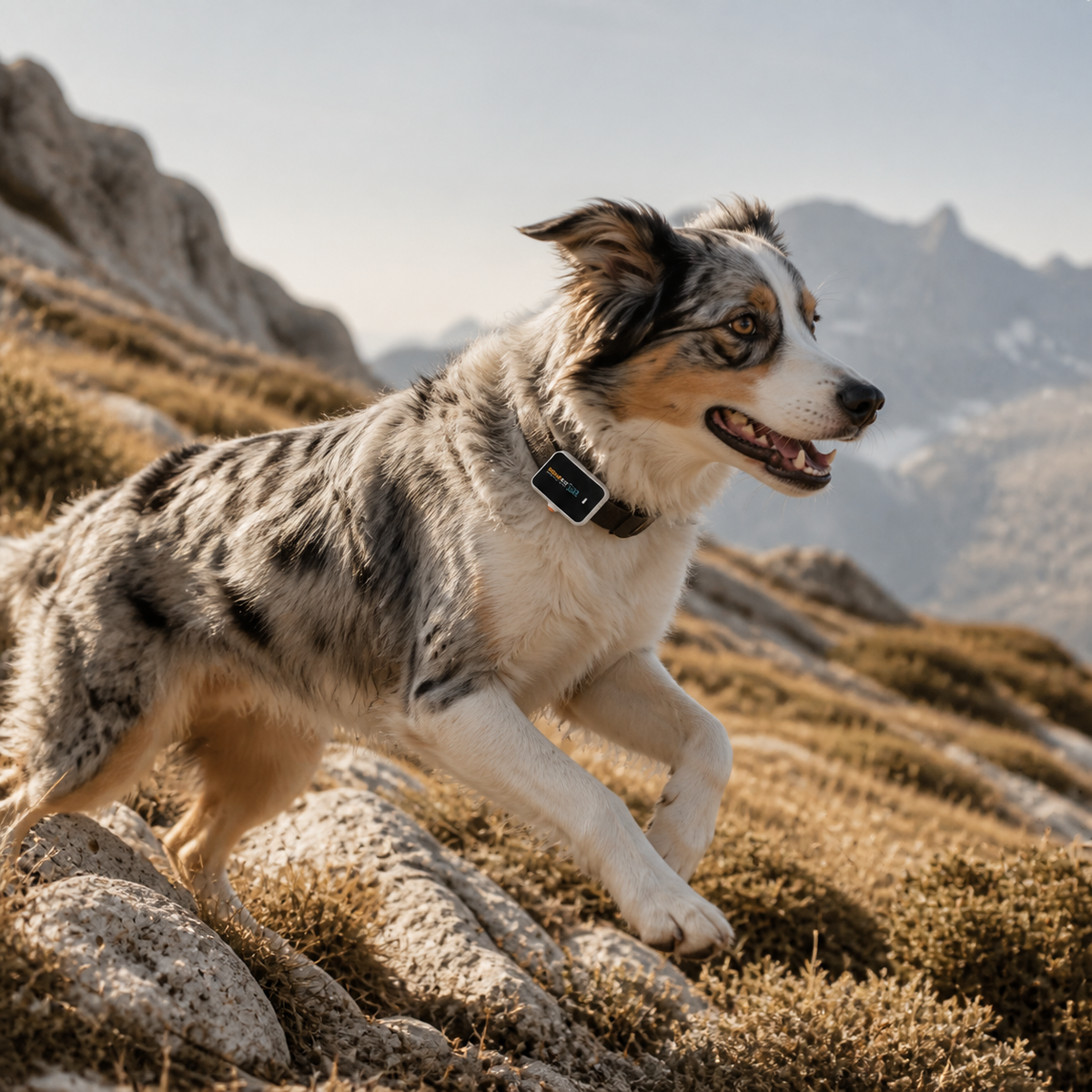Australian shepherd wearing PAWFIT 3 on a trail