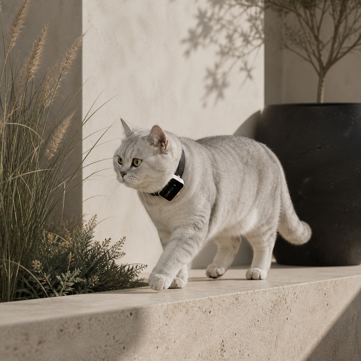 British shorthair cat outdoors with PAWFIT tracker
