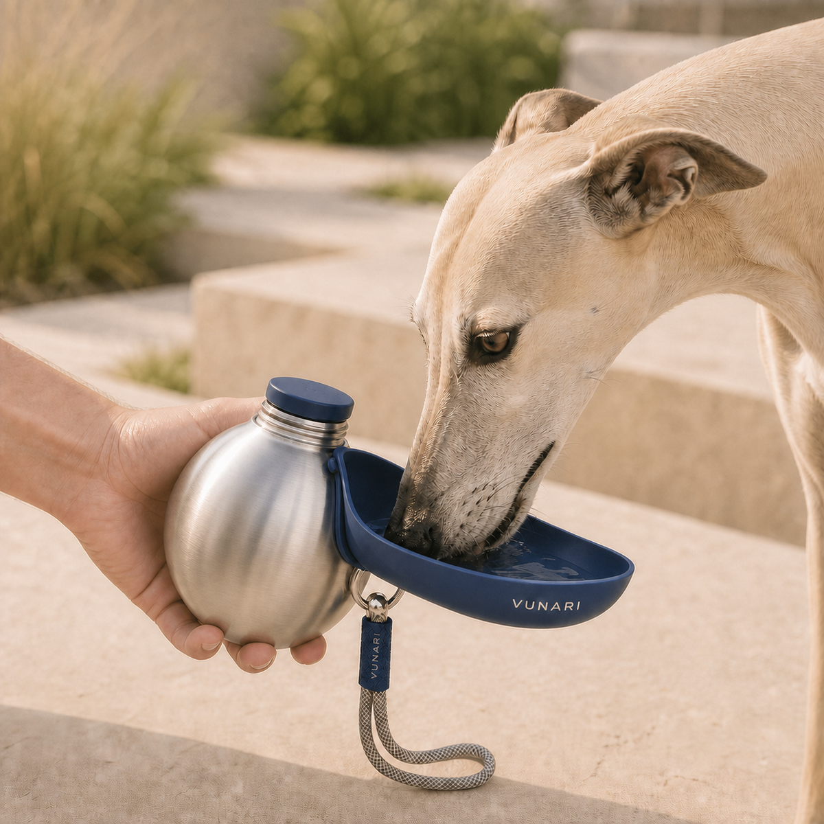 Dog drinking from the Vunari Orbit portable pet water bottle