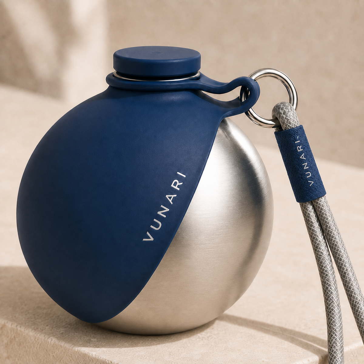Close-up of Vunari Orbit brushed stainless steel body and branded wrist strap